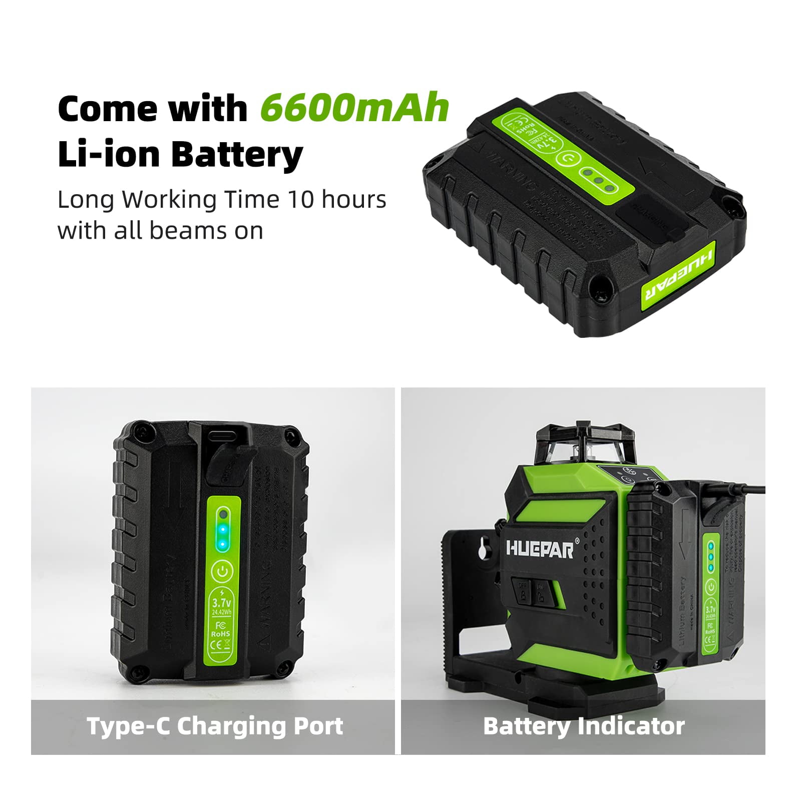 3D 12 Lines Self-Leveling Laser Level, 197Ft Green 3 x 360° Cross Line Laser Level Tools with 6600mAh Li-ion Battery, Magnetic Bracket and Laser Target Plate