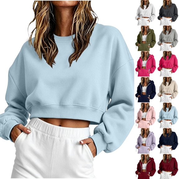 Qingpeng Womens Crop Zipper Up Sweatshirt Jacket Oversized Long Sleeve Lightweight Breathable Casual Street Tops Walking Loungewear