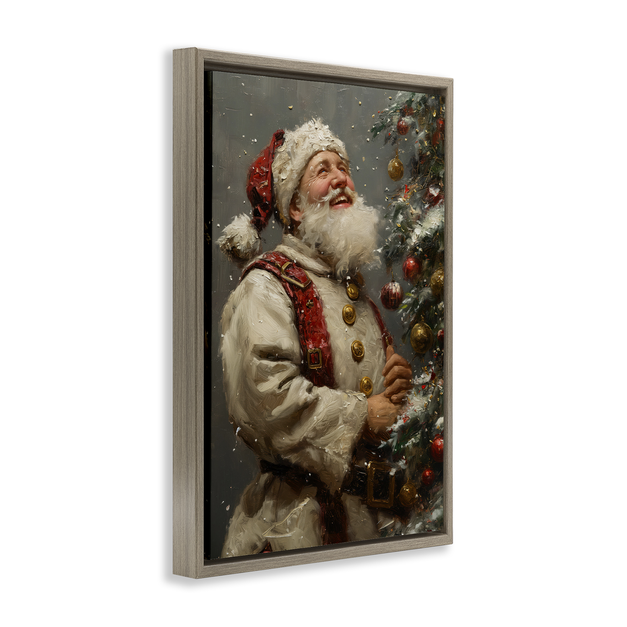 Stupell Industries Happy Santa & Tree Holiday Painting Brown Floater Framed Art Print Wall Art, 21 x 31