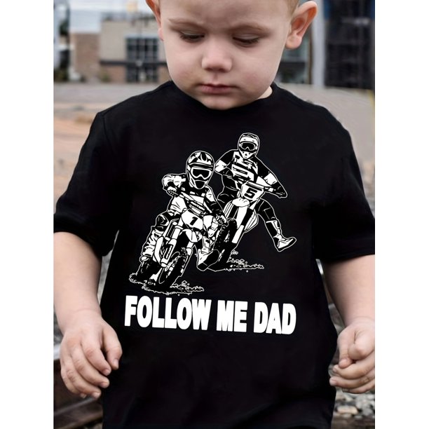 Camiseta de motociclista "Sígueme, papá" para niño. Camiseta informal negra de manga corta con estampado de motociclista, algodón, cuello redondo. Perfecta para el verano.