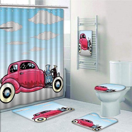 Erehome Cars Old Classic American Hot Rod Car With Large Engines Modified For Linear Speed 5 Piece Bathroom Set Shower Curtain Bath Towel Bath Rug Contour Mat And Toilet Lid Cover