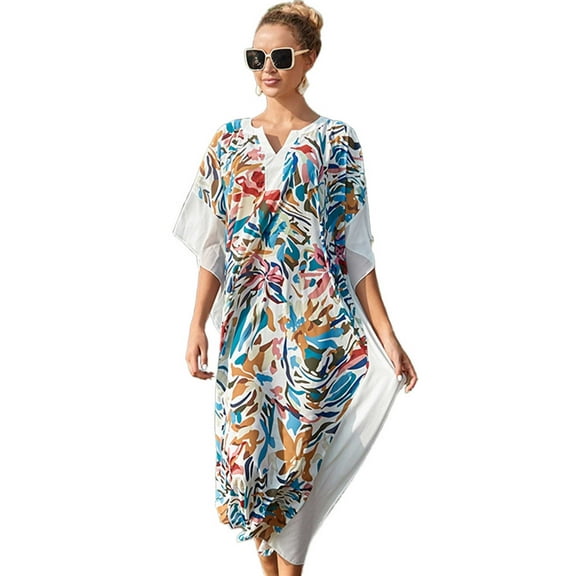 EDOLYNSA Bohemian Chiffon Printed Women's Dress Beach Tunic Beachwear Kaftan Swimsuit Cover Up Pplus Size Kaftan