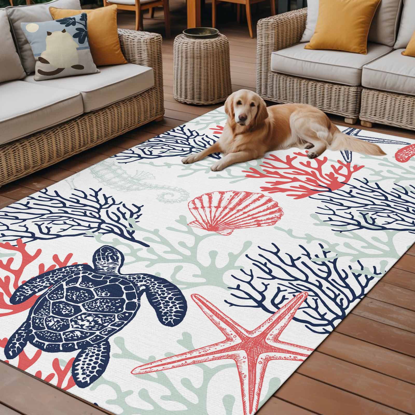 Fsddascl Blue Red Coastal Outdoor Rug for Patio/Deck, Non-Slip Large Area Rug 4 x 6 Ft, Sea Turtle Nautical Coral Summer Beach Indoor Outdoor Rugs Washable Area Rugs, Reversible Camping Rug Carpet