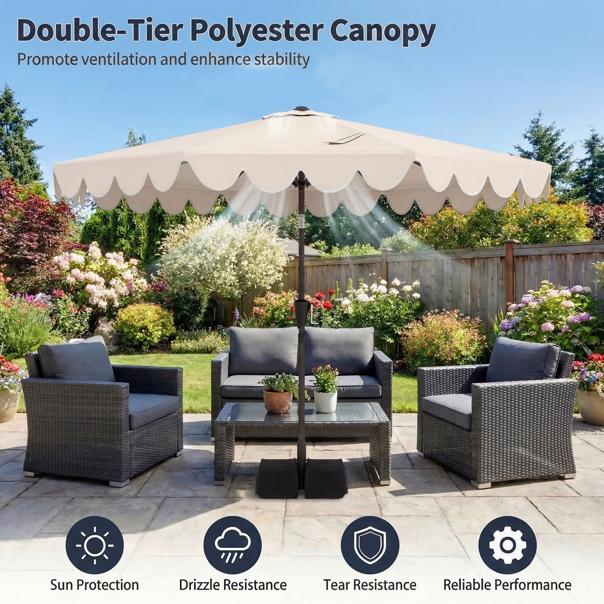 Patiojoy 10 FT Patio Umbrella with Weighted Base Included Outdoor Market Umbrella with Push Button Tilt & Crank Beige