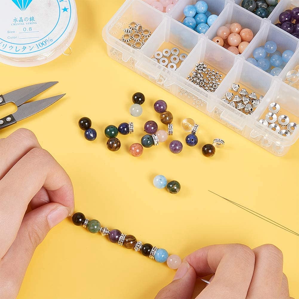 1 Box 200Pcs 10 Styles Gemstone Round Loose Beads with 100Pcs 5 Styles Bicone Spacer Beads Beading Needles Scissors Thread for DIY Bracelet Jewelry Making Supplies Craft Mixed Color Mixed Color