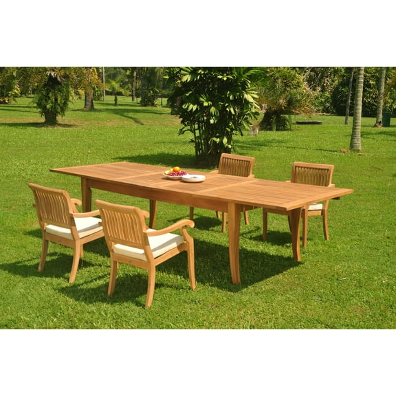 Grade-A Teak Dining Set: 4 Seater 5 Pc: 122" Atnas Double Extension Rectangle Table And 4 Arbor Stacking Arm Chairs Outdoor WholesaleTeak #WMDSWVm