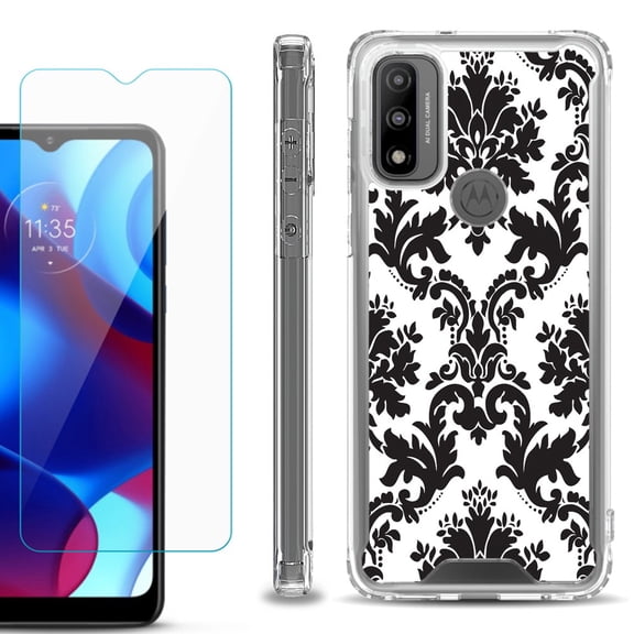 Shockproof Bumper Phone Case for Motorola Moto G Pure, with Tempered Glass Screen Protector, by OneToughShield ® - Victorian White/Black