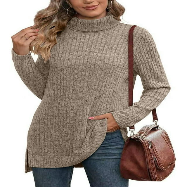 Ribbed Turtleneck Top for Women - Long Sleeve Basic Shirt with Side Slit