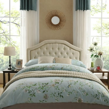 Contemporary Queen/Full Beige Upholstered Headboard w/ Nailhead Accents