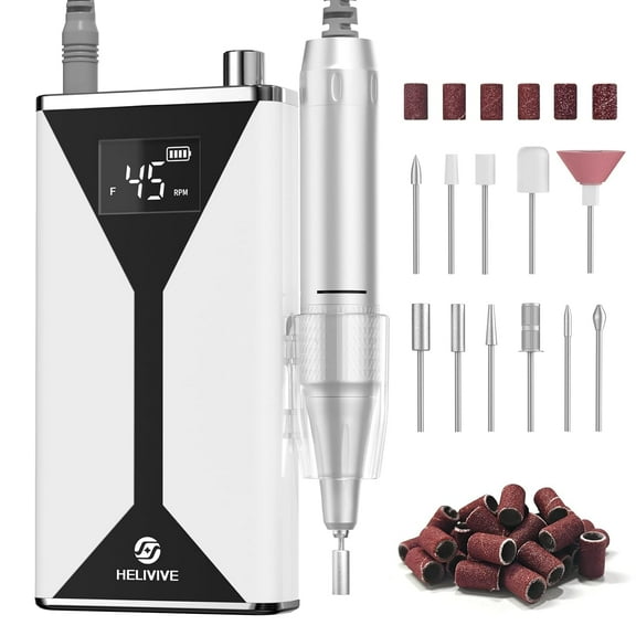 Professional Electric Nail Drill 45000RPM (Portable & Rechargeable) (with 11 Drill Bits ) Cordless Nail File Machine for Shaping, Polishing & Removing Gel Nails for Salon Home (White)
