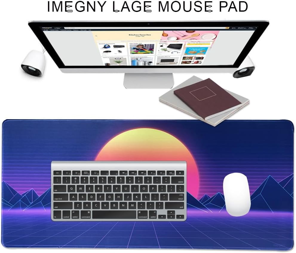Large Gaming Mouse Pad, Extended XXL Desk Pad & Non-Slip Rubber Mat for Mice and Keyboard with Stitched Edges (90x40 retrosunset012)