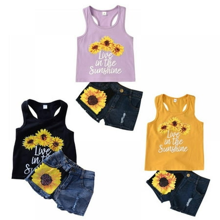 

Girls sunflower vest suit ins children vest flower + denim shorts children suit