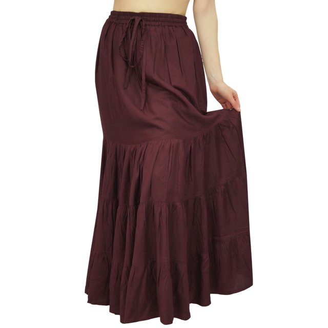 Bimba Boho Long Flaired Maxi Tier Skirt Elastic Waist Rayon Bohemian Skirts
