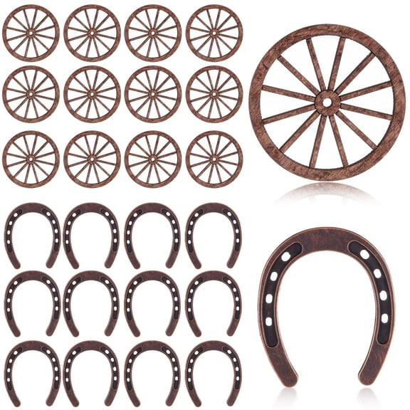 24 Pcs Western Theme Party Decorations Mini Horseshoes Wagon Wheel Crafts Western Table Centerpieces Lucky Horseshoe for Wedding Party Favors Supplies Cowboy Cowgirl Birthday Decoration