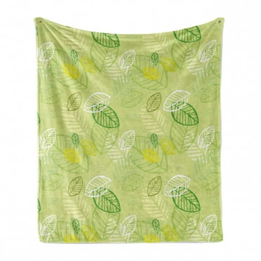 Floral Soft Flannel Fleece Throw Blanket, Repeated Leaf Designs Colored in Apple Green Fern Green White Yellow, Cozy Plush for Indoor and Outdoor Use, 50" x 70", Multicolor, by Ambesonne