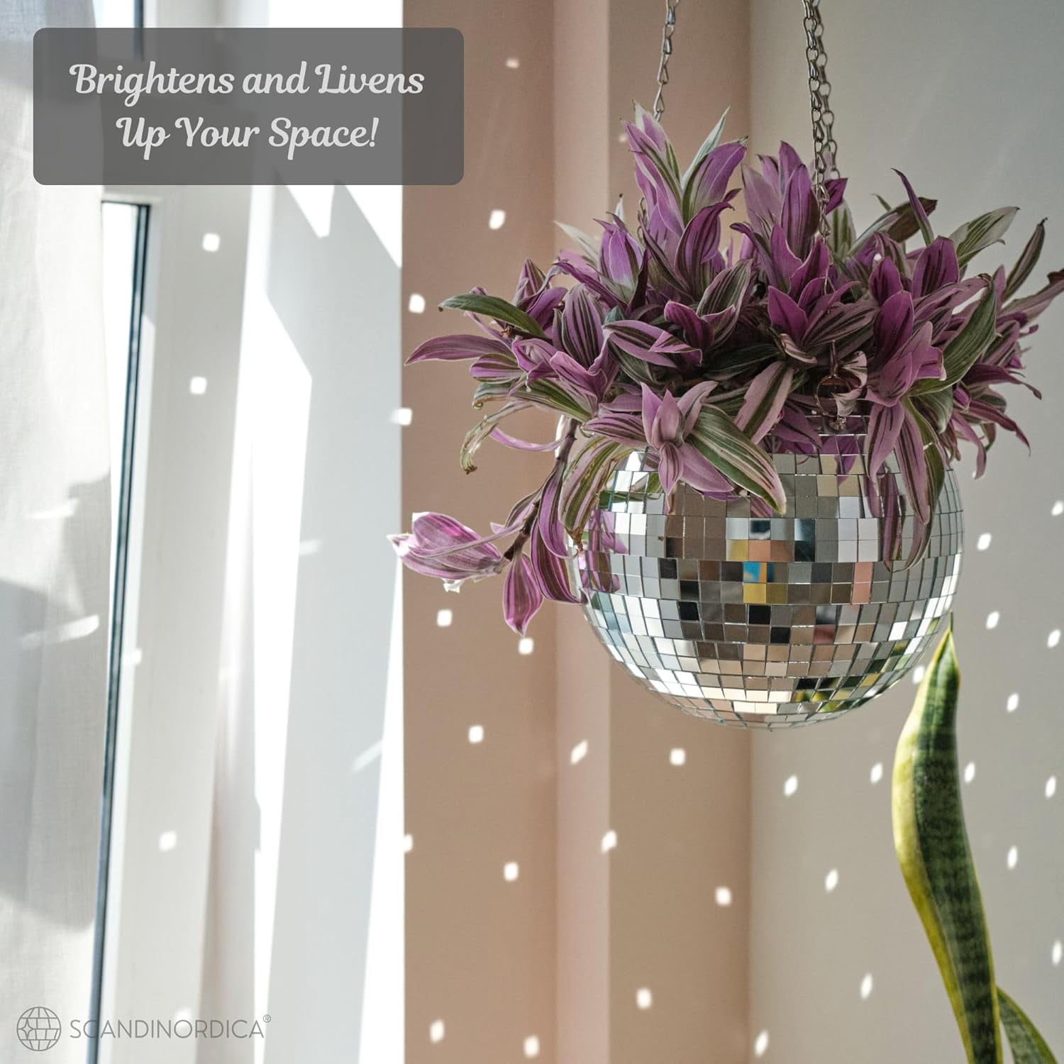 Disco Ball Planter – Silver 8" Disco Planter with Chain and Macrame Hanger and Stand