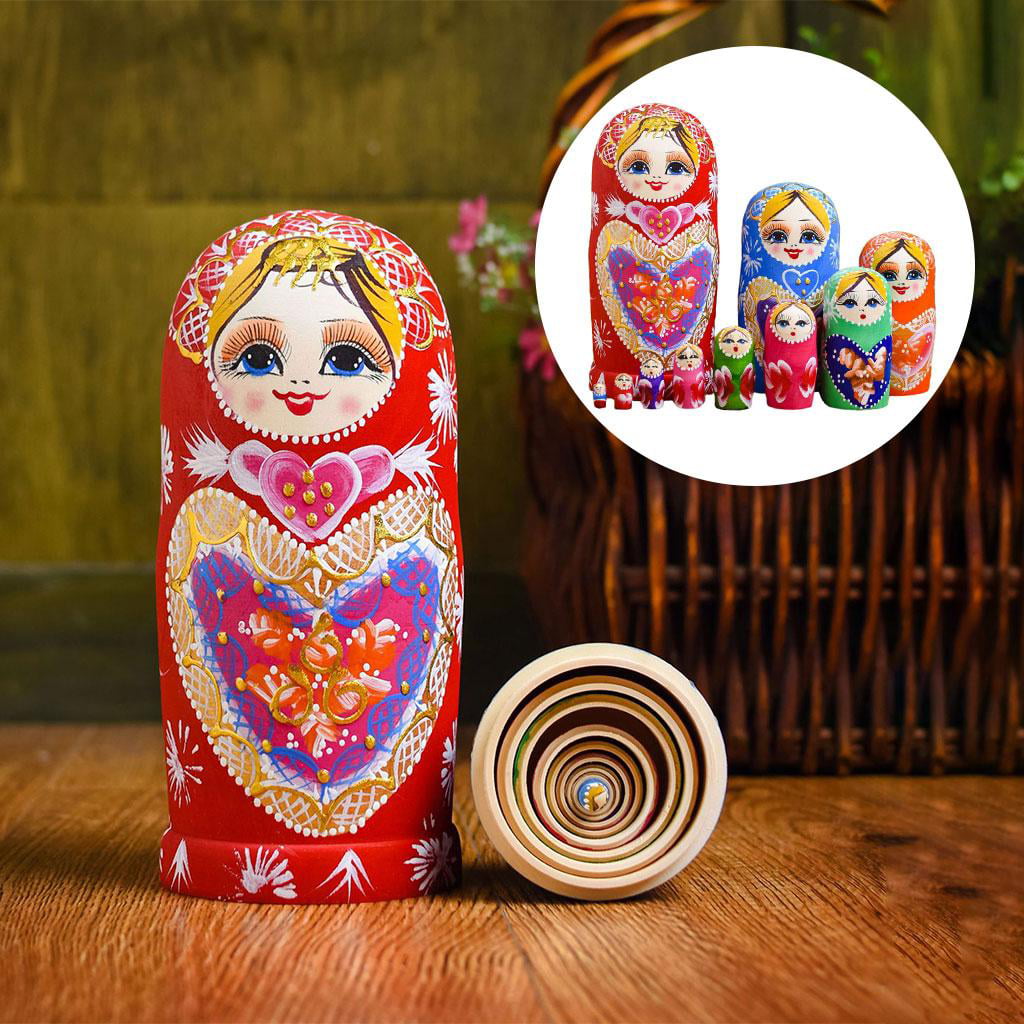 10 Wood Russian Matryoshka Nesting Dolls Hand Paint Gift Room Desk Decor Pink 6" 