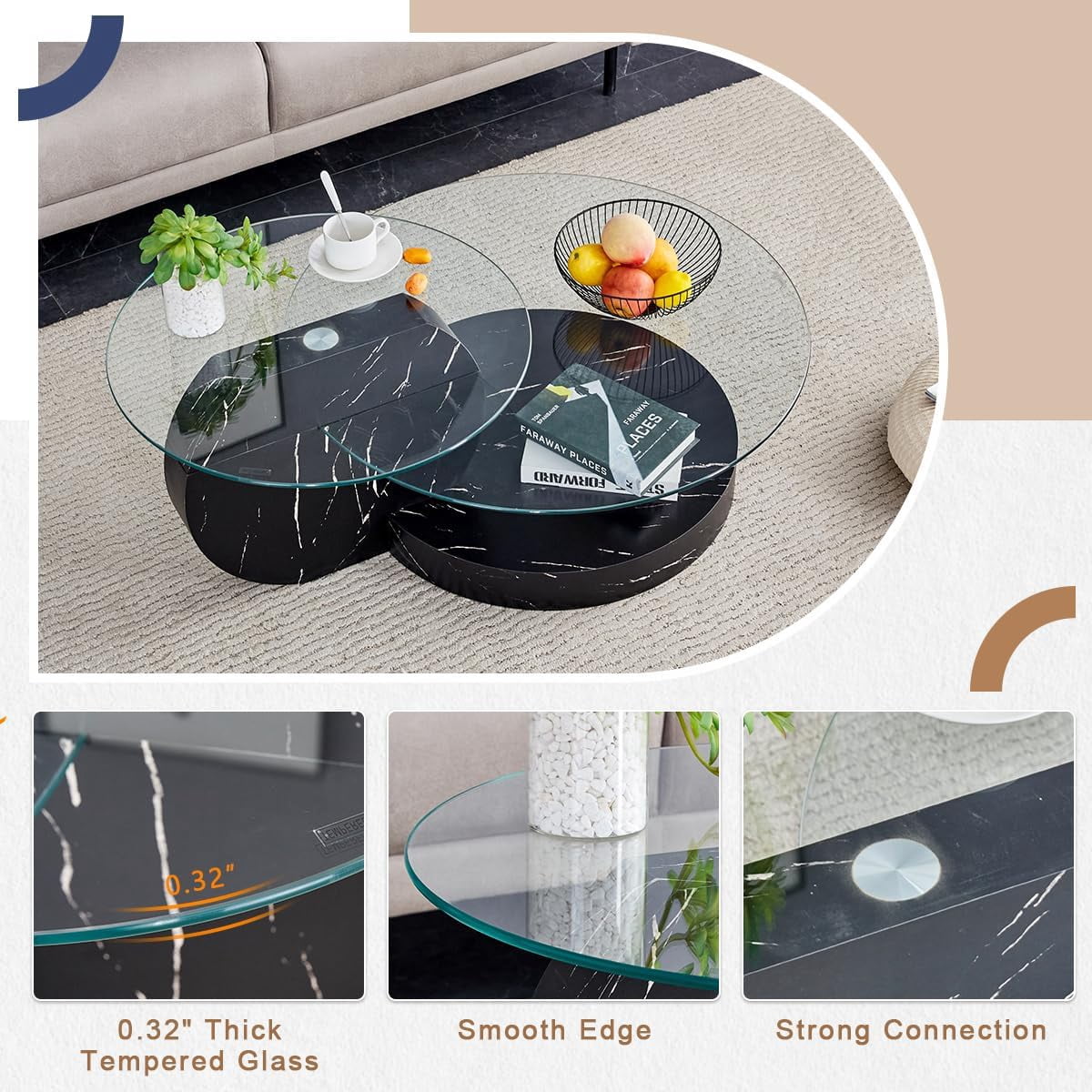 StnTalk 42" Round Coffee Table, 3-Tier Glass Coffee Table with Faux Marble MDF Base, Modern Storage Center Table for Living Room, Small Space, Apartment