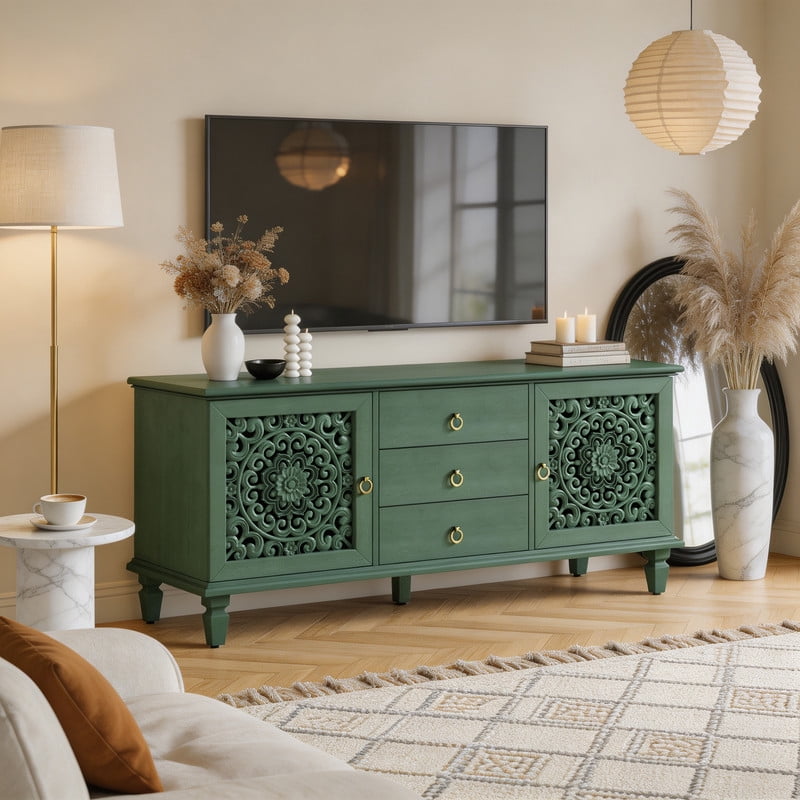 Vintage TV Stand with Carved Doors for 65'' TVs, Freestanding Storage Cabinet Media Console with Drawers & Adjustable Shelf