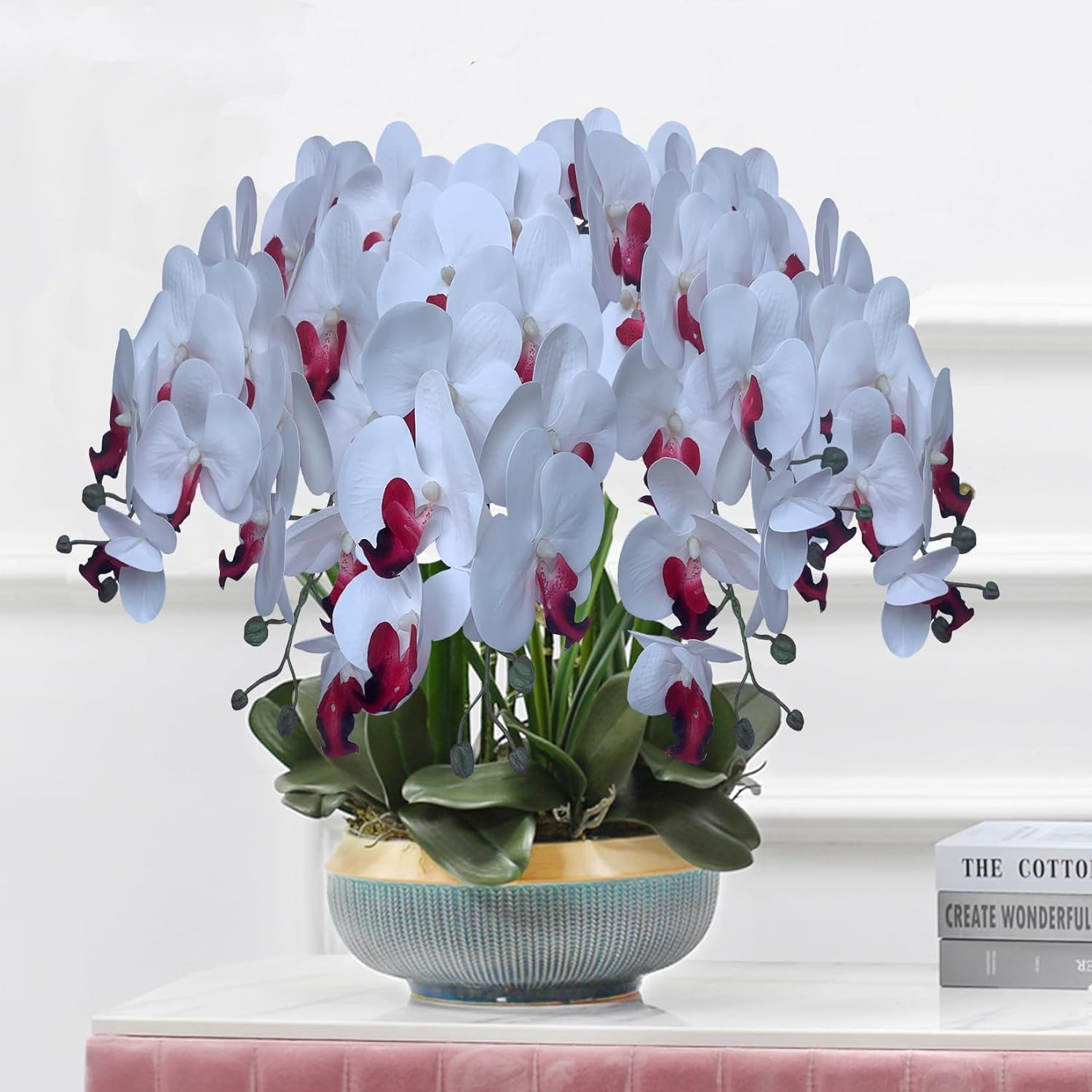 3Artificial Phalaenopsis Flowers with Leaves Artificial Orchid Flowers Stem Plants Fake Butterfly Phalaenopsis Flowers for Home Wedding Party Décor (Yellow)