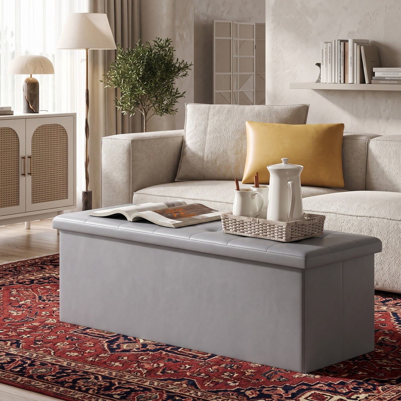 Furnibear 43 Inch Folding PU Leather Storage Ottoman Bench with Divider and Side Pocket for Living Room, Bedroom and Entryway, Gray