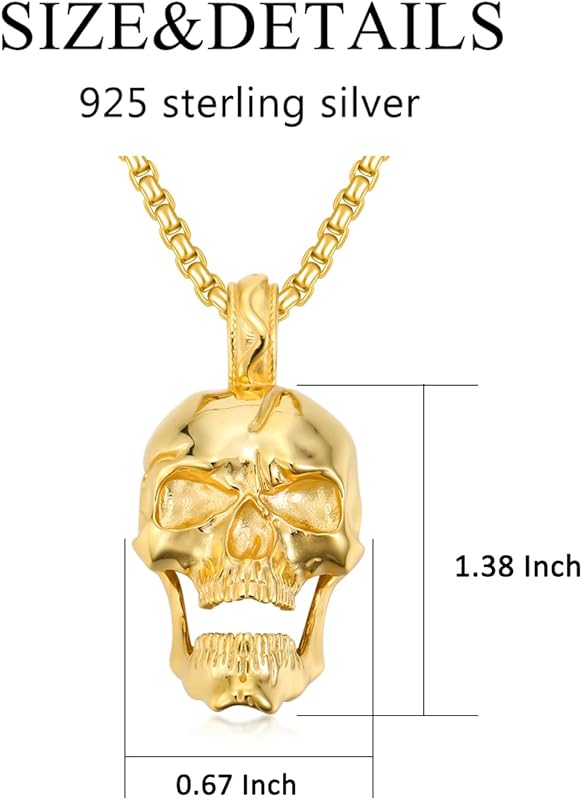 DVEATR Skull Head Necklace 925 Sterling Silver/18K Gold Plated/Black Gothic Skull Jewelry for Men, with Stainless Steel Chain 22+2 Inch