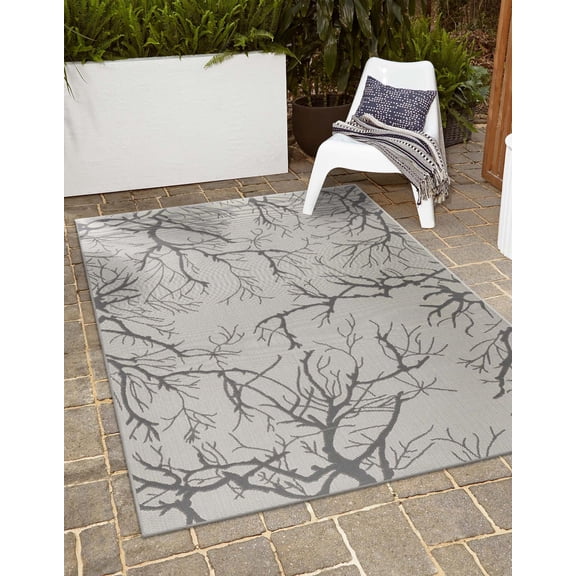 Unique Loom Outdoor Botanical Collection Area Rug - Branch (6' 1" x 9' Rectangle Light Gray/Gray)