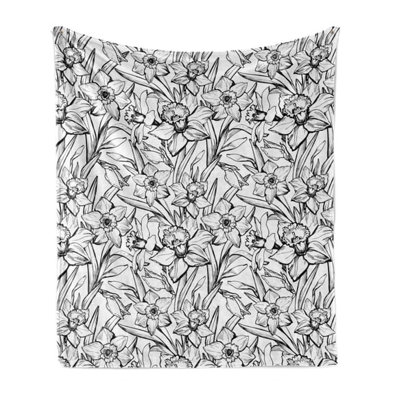 Modern Floral Soft Flannel Fleece Blanket, Highly Detailed Hand Drawn Like Daffodil Flowers Monochrome Sketch, Cozy Plush for Indoor and Outdoor Use, 50" x 70", White and Pale Taupe, by Ambesonne