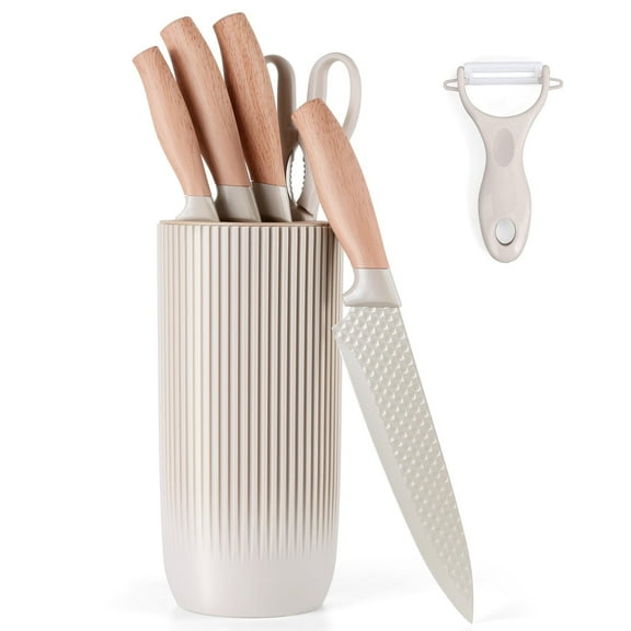 Vesteel Kitchen Knife Set of 7, Professional Stainless Steel Knives Set for Kitchen with Universal Knife Block - Khaki