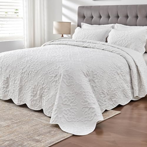 Oversized King Bedspreads 128x120 for Extra Tall King/California King Bed Lightweight Quilted Coverlet Set 3 Pieces 1 Quilt 2 Pillow Shams Pure White