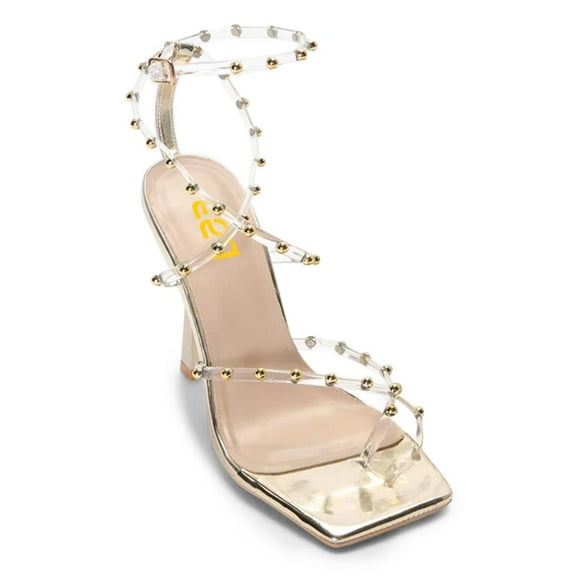 FSJ Women Open Square Toe Clear Strap Gladiator Sandals Studded Cross Strap Stiletto High Heels Sexy Cocktail Party Prom Shoes Size 8 Gold