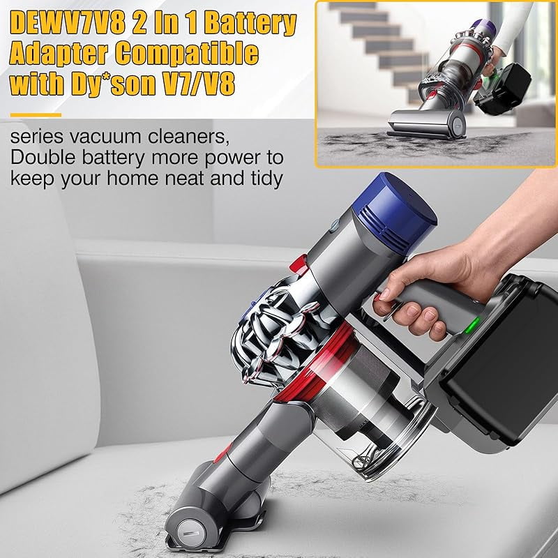 2-in-1 V7/V8 Double Battery Adapter,for De*walt 20V Battery Work for Dy*son V7+V8 Series Vacuum Cleaner,Higher Power and Longer Working Time