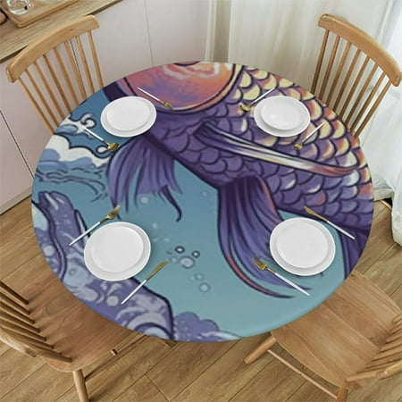 

Koi Fish Round Tablecloth with Elastic Edges Table Cover for Indoor Outdoor Kitchen or Party Waterproof Oil-Proof Stain-Resistant wipeable- Fits Tables up to Diameter Lavender Violet White
