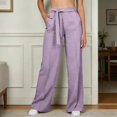 thumbnail image 2 of Rggeeun Womens Pants Solid Color Elastic High Waist Wide Leg Ankle Length Soft Relaxed Fit With Adjustable Sashes Belt & Side Pockets For Summer Gym Elegant Bottoms,Purple,Xxxl, 2 of 5