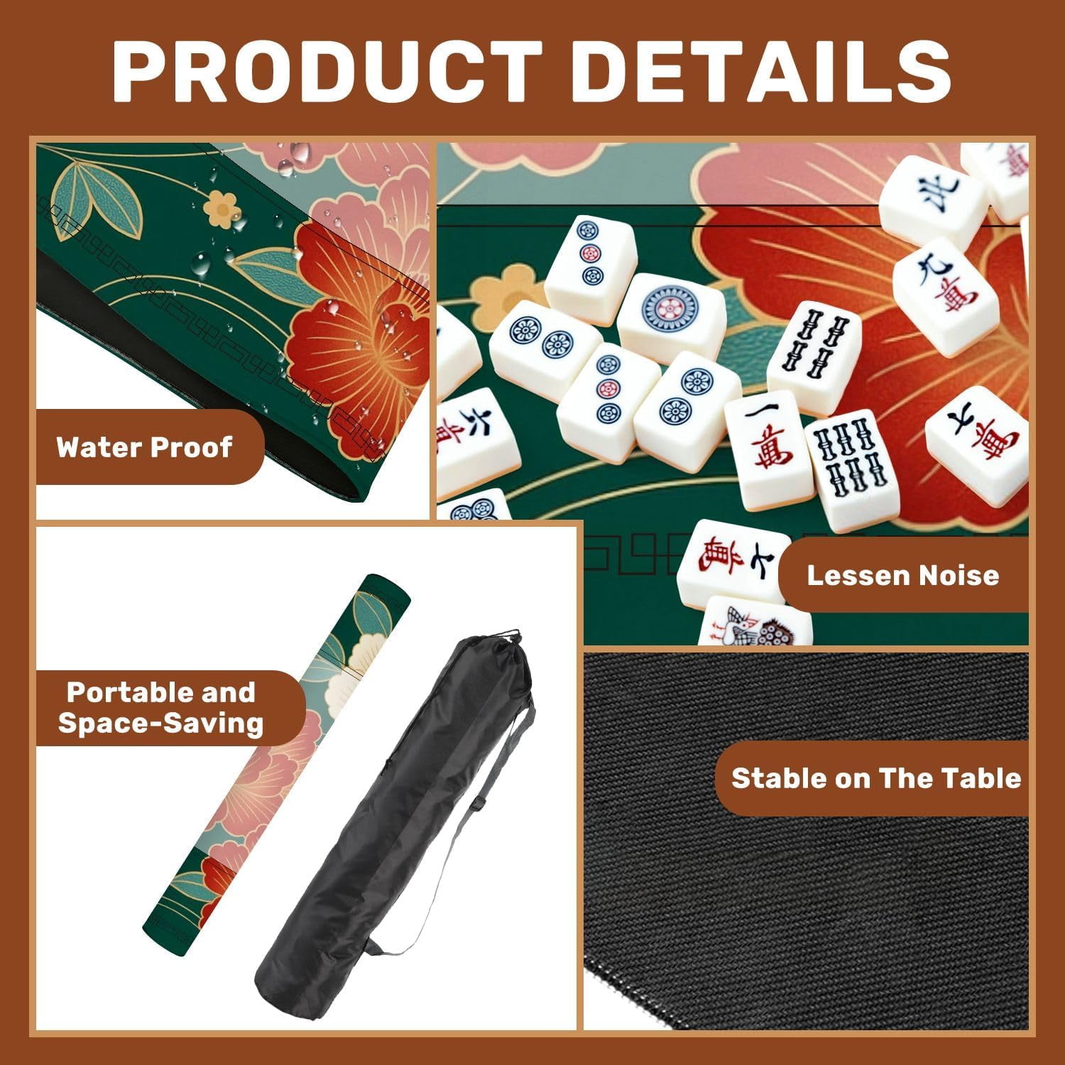 Mahjong Mat 31.5" x 31.5" Traditional Oriental Chinese New Year Decoration Japan Kimono Non-Slip Noise Reduction Mahjong Tiles Table Cover for Dominoes Poker Card Board and Tile Games