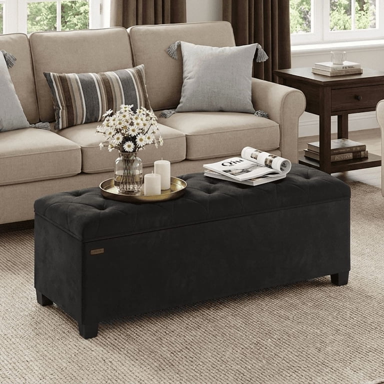 Ledrem Velvet Storage Ottoman Bench, 43-Inch, Ink Black photo 1