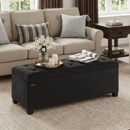 LEDREM Velvet Storage Ottoman Bench with Removable Cover, 43-Inch Long Foot Rest Stool for Bedroom Living Room, Holds 660 lbs, Ink Black