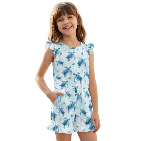 ZIATUBLE4S Sea Turtle Print Girls Summer Romper Ruffle Cap Sleeves One-Piece Short Jumpsuit Soft Comfort Kids Casual Playsuit with Pockets for 5-6 Y
