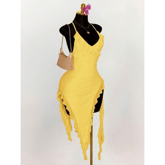 Yellow Deep V-Neck Ruffled Asymmetrical Hem Bodycon Halter Dress For Women Summer Party Occasion