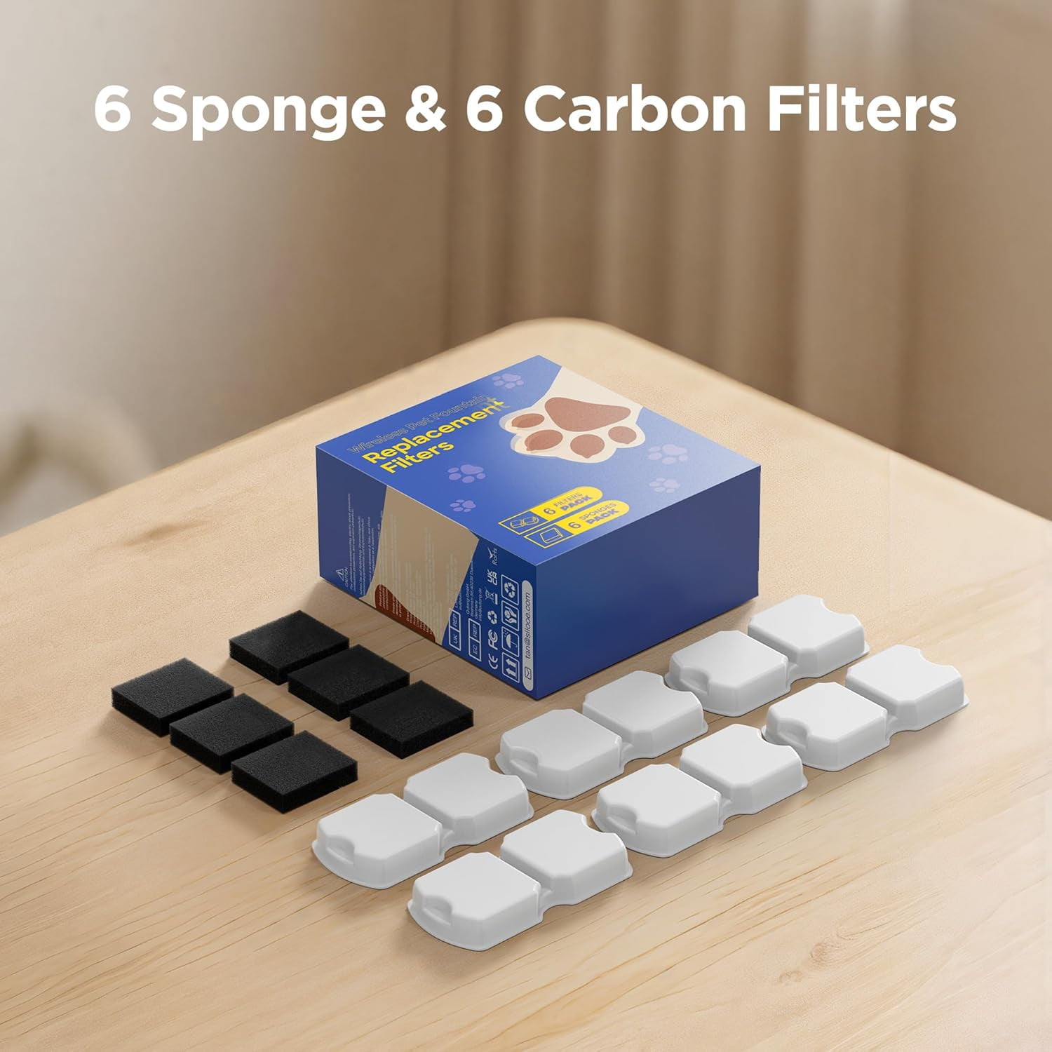 Cat Water Fountain Filter Replacement: 12 Cat Fountain Filter - 12 Pet Fountain Filter - 6 Carbon Filters & 6 Foam Filters - Suitable for GIOTOHUN Stainless Steel Cat Fountain S11