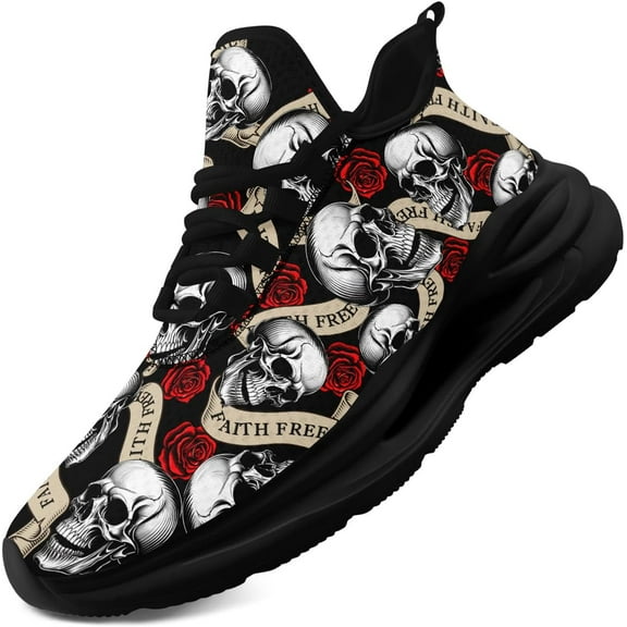 Coolcustomize Women's Skull & Rose Running Shoes Trendy Floral Sneakers with Cool Design Comfort Breathable Mens Athletic Gym Walking Shoes