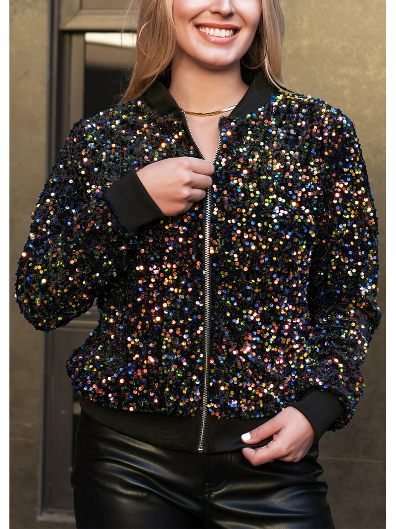 Women's Sparkly Sequin Jacket Glitter Long Sleeves Front Zip Women's Sparkly Sequin Jacket Glitter Long Sleeves Front Zip