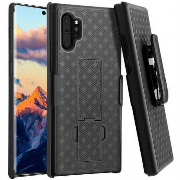 Holster Case Belt Clip for Samsung Galaxy Note 10 Plus - Swivel Cover Kickstand Armor Combo Drop-Proof Defender Protective Black