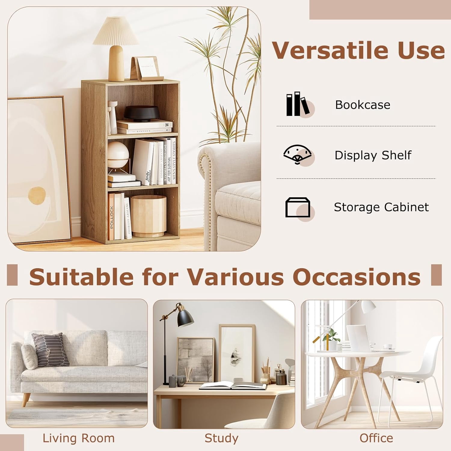 LOKO 3-Tier Cube Bookcase, Modern Open Bookshelf with Adjustable Shelves, Floor Standing Cubby Display Cabinet, Wooden Modular Storage Organizer for Living Room, Study, Home Office (1, Natural)
