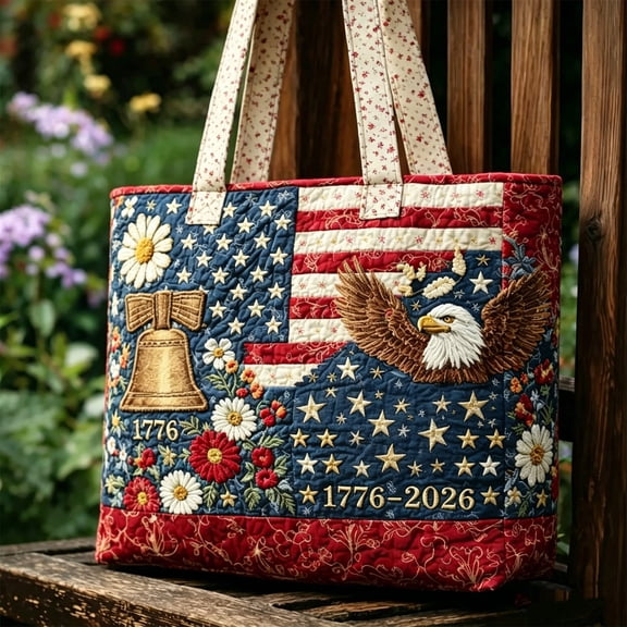 US 250th Anniversary Casual Quilted Tote Bag, Floral American Flag Print Quilted Tote Patchwork Shoulder Bag Women Daily Handbag for Shopping