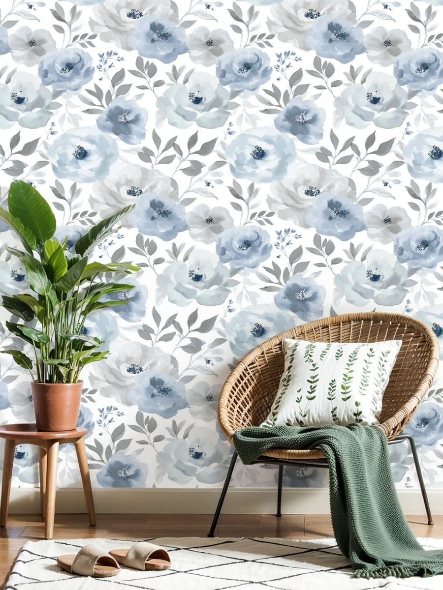 Boho Peel and Stick Wallpaper Blue Gray Floral Watercolor Peonies Leaves Contact Paper 23.6in x 9.8ft Wallpaper Removable Self Adhesive Wall Paper for Bedroom Nursery