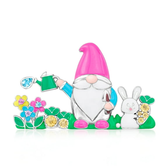 Ross-Simons 0.62 ct. t.w. Multi-Gemstone Garden Gnome Pin With Multicolored Enamel in Sterling Silver, Women's, Adult