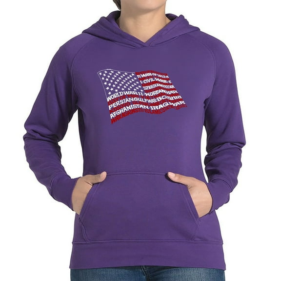 LA Pop Art Women's Word Art Hooded Sweatshirt -American Wars Tribute Flag