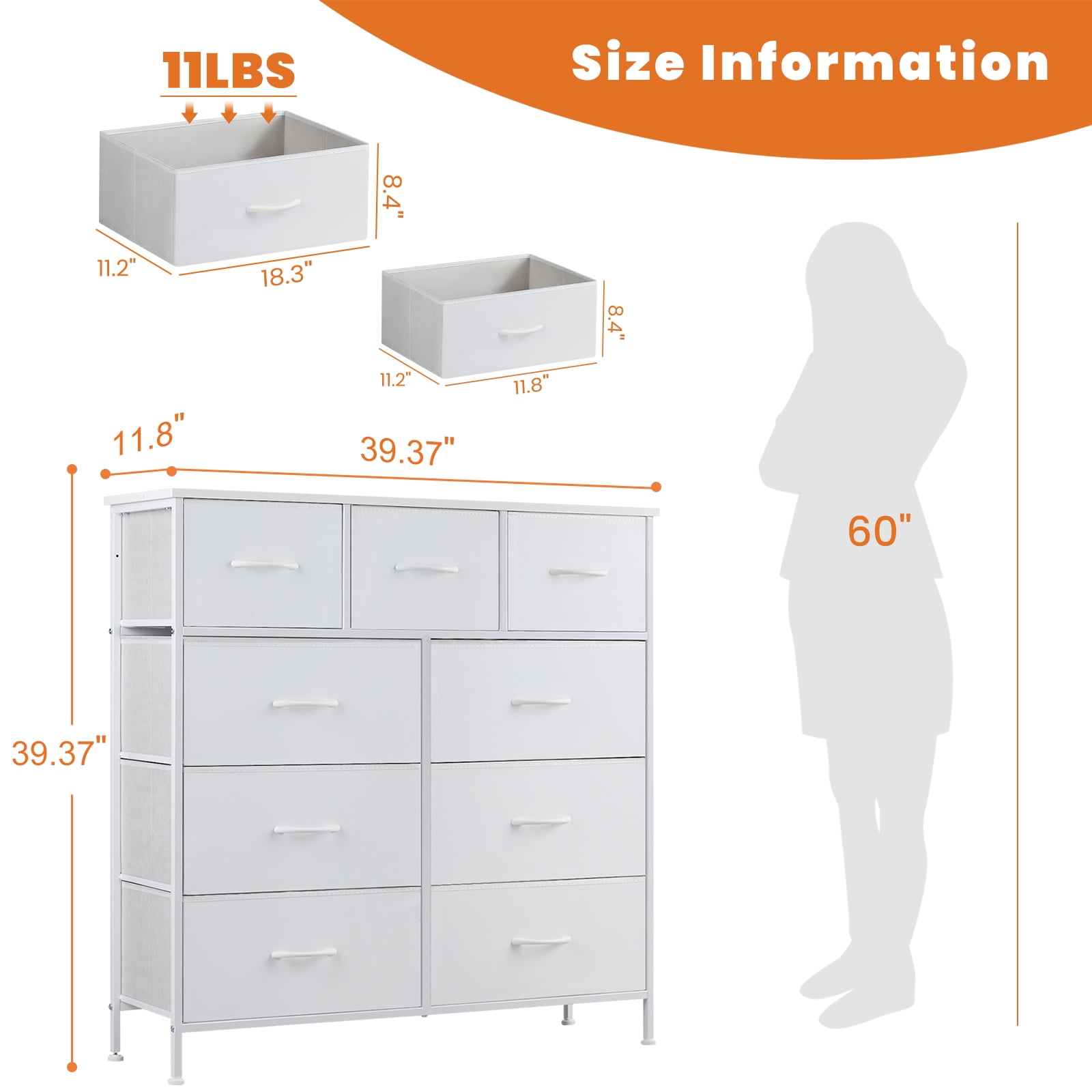 Gianna 9 Drawers Dresser, Fabric Drawer Cabinet for Home Office, Wihte