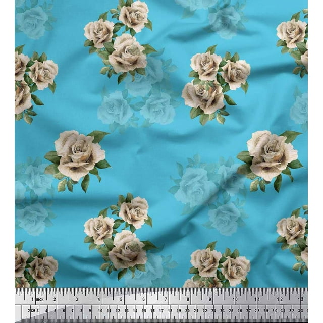 Soimoi Polyester Crepe Fabric Leaves & Alba Rose Floral Print Fabric by The Yard 52 Inch Wide